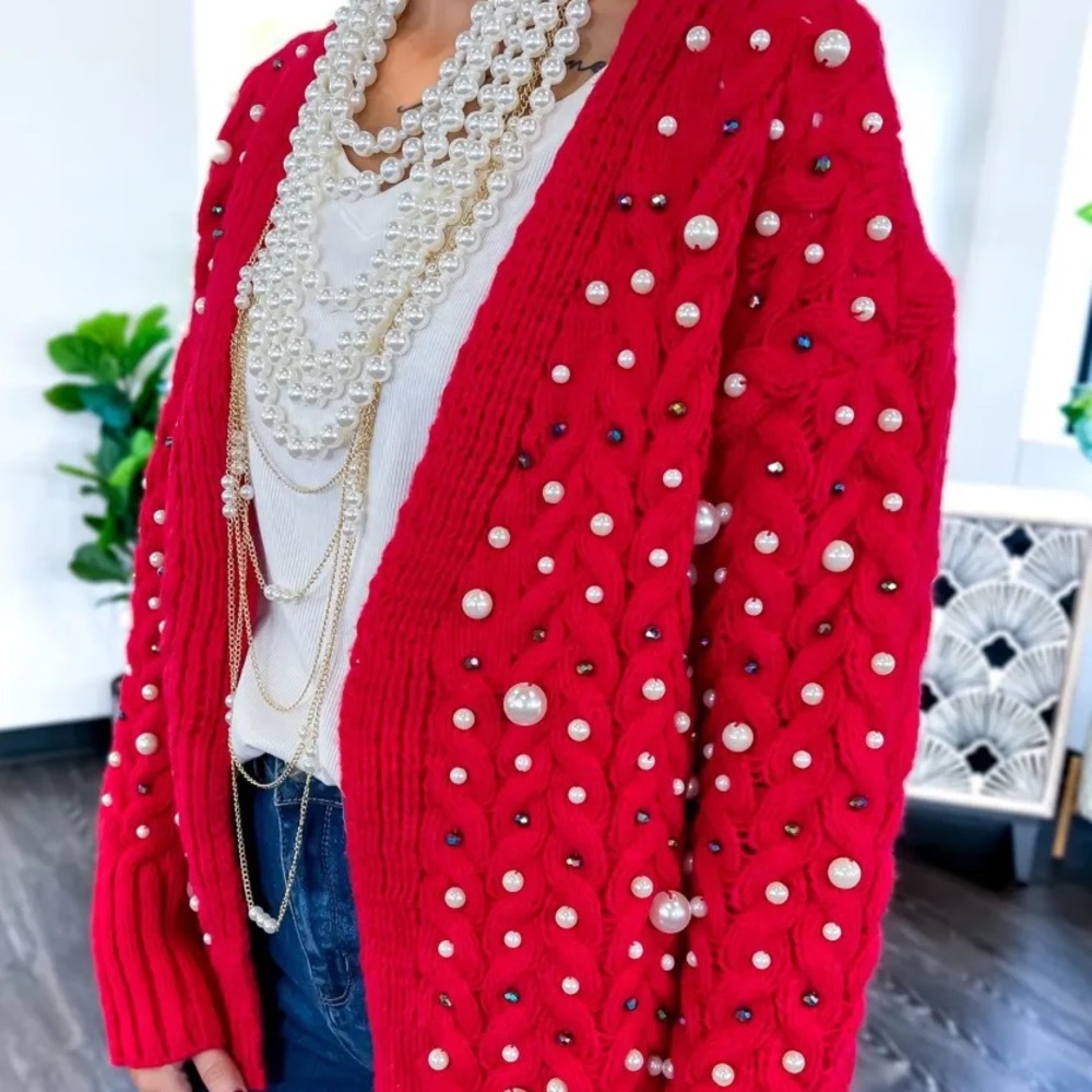 New BiBi Luxury Pearl & Rhinestone Chunky Knit Holiday Cardigan Grannycore Small - Picture 2 of 16